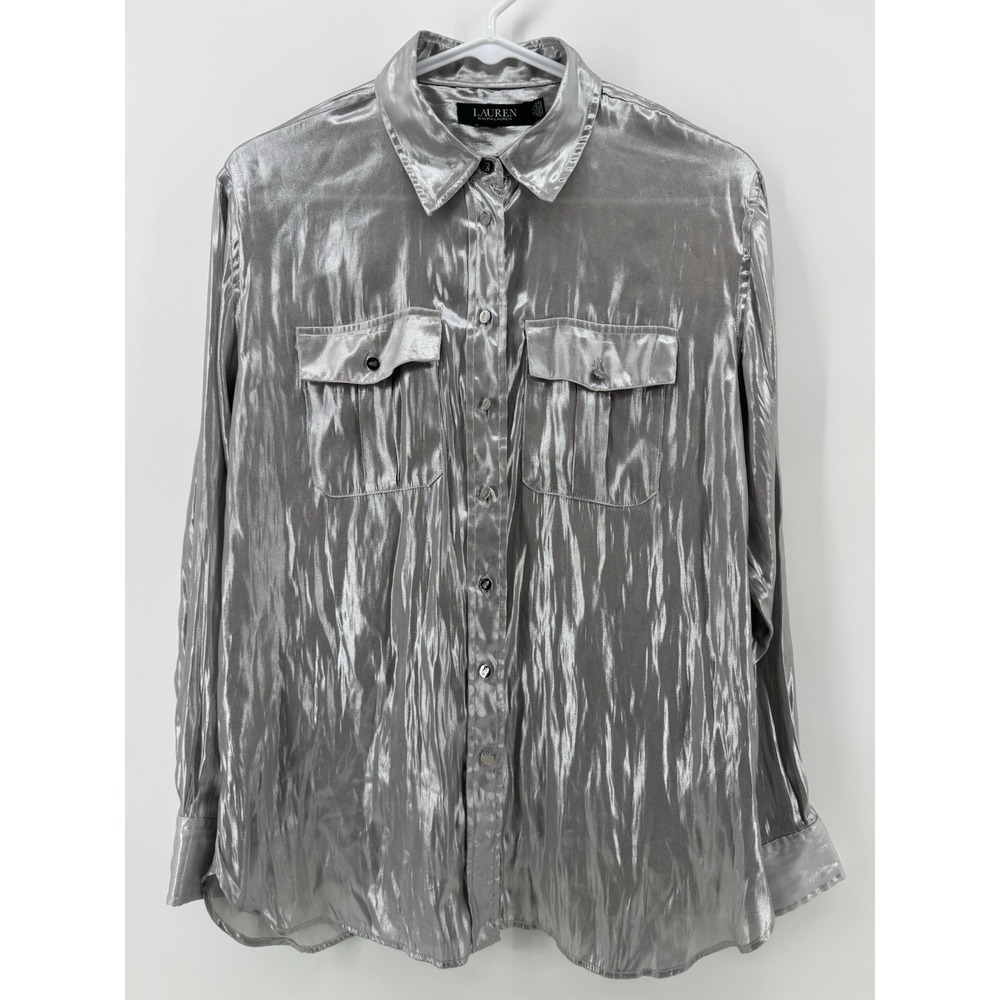 Lauren Ralph Lauren Women's Grayish Silver Metallic Button Up Shirt Size Small.